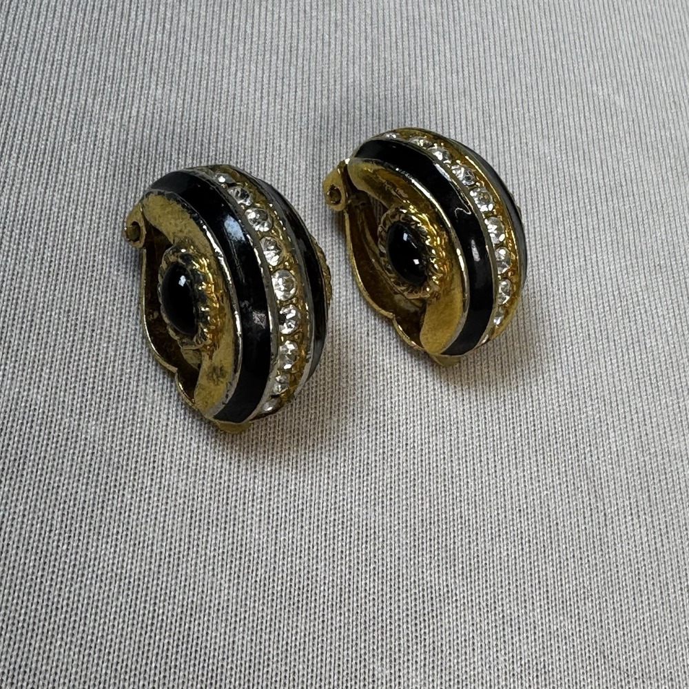 Swarovski Art Deco Huggie Clip On Statement Earrings Black Gold Tone